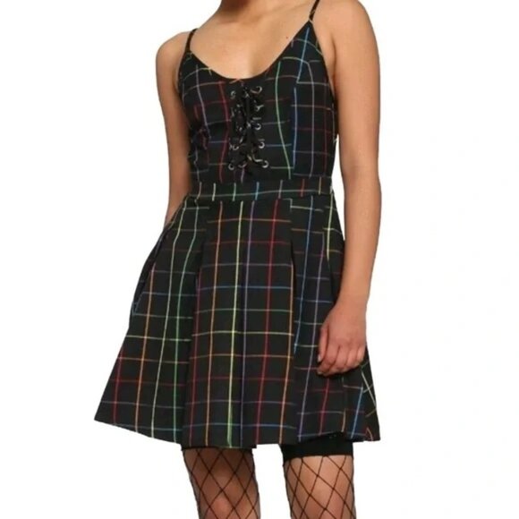 HOT TOPIC  Rainbow Grid Lace-Up Dress M - Picture 1 of 7